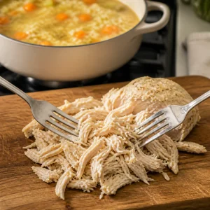Cooked chicken shredded with two forks