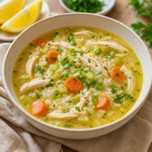 Finished chicken rice soup with herbs and lemon