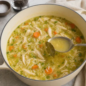 Seasoned chicken rice soup with bay leaf removed