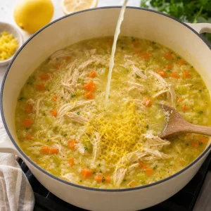 Shredded chicken and lemon added to rice soup