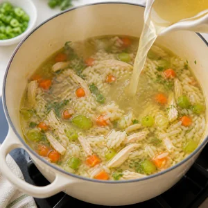 Warm broth poured into chicken rice soup