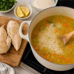 White rice stirred into simmering chicken broth