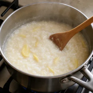 Creamy rice porridge simmering as it is stirred with a wooden spoon