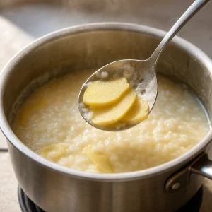 Ginger slices lifted from creamy rice porridge with a spoon