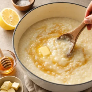 Honey, lemon, and butter stirred into creamy rice porridge