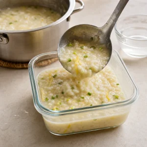 Leftover rice porridge spooned into a glass storage container