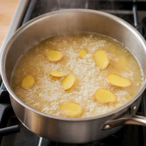 Rice, broth, and ginger slices beginning to boil in a saucepan