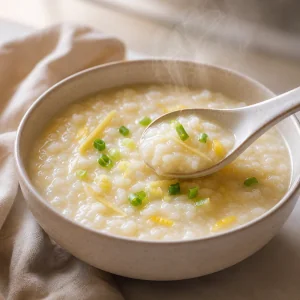Warm bowl of ginger-lemon rice porridge cooling with a spoonful lifted