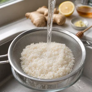 White rice rinsing in a fine mesh sieve