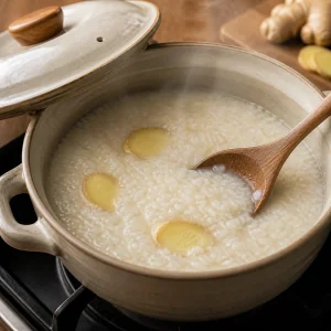 Creamy rice congee simmering under a partly open lid
