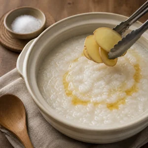 Ginger slices lifted from creamy congee with sesame oil