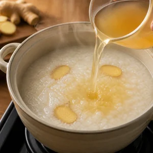 Golden broth poured into creamy ginger rice congee