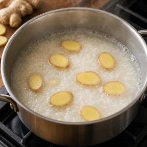 Rice and ginger slices beginning to boil in a pot