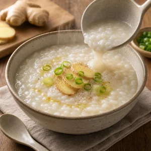 Warm ginger rice congee served with scallions and pepper