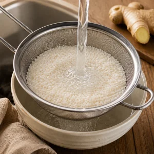 White rice rinsing in a fine mesh strainer