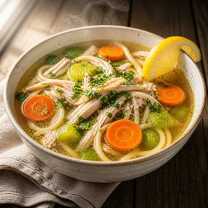 Lemon chicken noodle soup finished with parsley