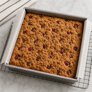 Baked coffee cake with golden streusel in the pan