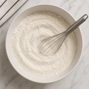 Dry cake ingredients mixed with a whisk