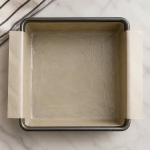 Greased square pan lined with parchment paper