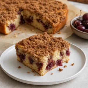 Slice of sour cherry coffee cake with cinnamon streusel