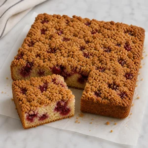 Sliced sour cherry coffee cake lifted from the pan