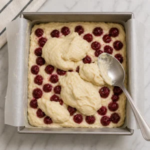 Sour cherries layered with batter in a square pan