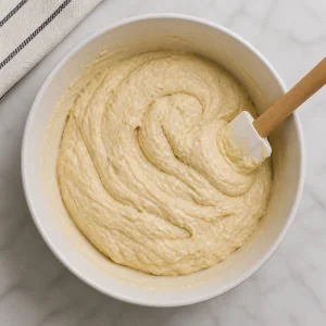 Thick coffee cake batter in a mixing bowl