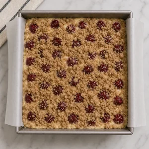 Unbaked cake topped with cherries and streusel