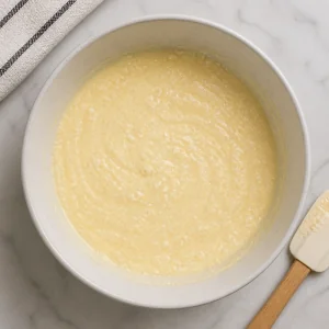 Wet cake mixture with small butter flecks