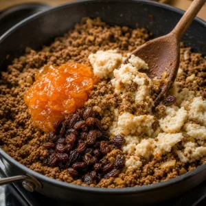 Mermelada de albaricoque, pasas y pan remojado mezclados con carne especiada.