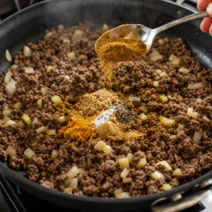 Especias de curry mezclandose con carne dorada para bobotie.