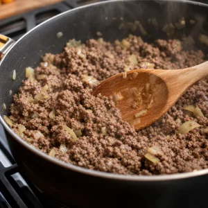 Carne molida dorandose con cebolla en una sarten para bobotie.