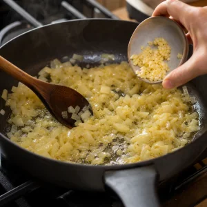 Cebolla y ajo cocinandose en mantequilla y aceite para bobotie.