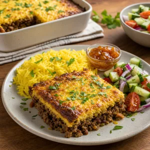 Bobotie servido con arroz amarillo, chutney y ensalada.