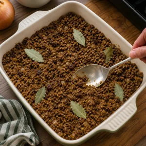 Carne especiada de bobotie alisada en una fuente con hojas de laurel.