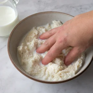 Pan blanco troceado remojandose en leche para bobotie.