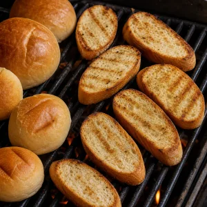 Bread slices and rolls warming on the grill