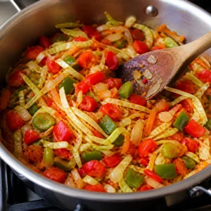 Colorful peppers, carrots, cabbage, and onion cooking in a saucepan