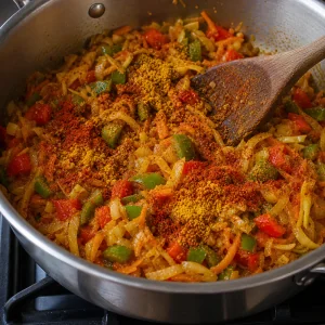 Curry powder and smoked paprika sprinkled over the vegetables