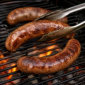 Sausages browning on hot grill grates