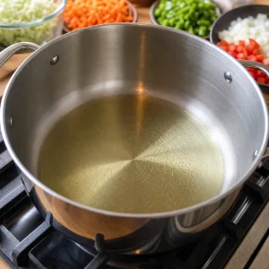 Vegetable oil heating in a wide saucepan