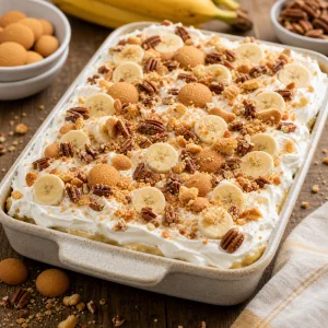 Bolo de pudim de banana com chantilly e wafers