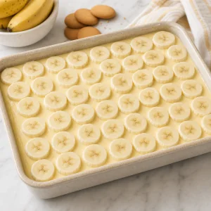 Rodelas de banana dispostas sobre a camada de pudim
