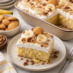 Bolo poke de banana frio cortado em quadrados