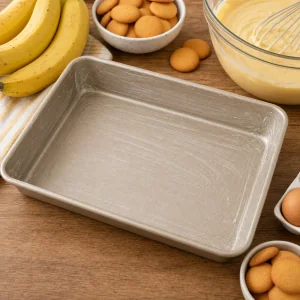 Tabuleiro retangular untado pronto para bolo poke de banana