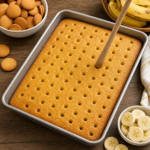 Bolo dourado quente com furos espacados por igual