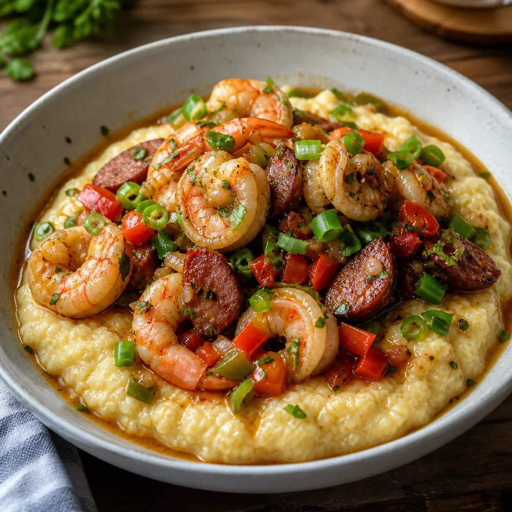 Ciotola di grits con gamberi, andouille, peperoni e salsa