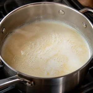 Brodo e latte che sobbollono in una casseruola