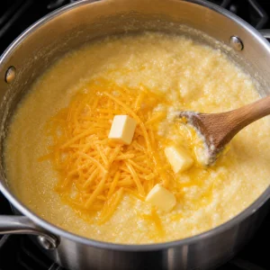 Cheddar e burro che si sciolgono nei grits cremosi