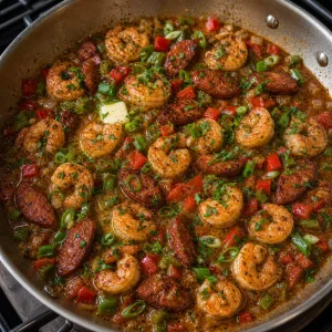 Salsa finita con gamberi, andouille ed erbe